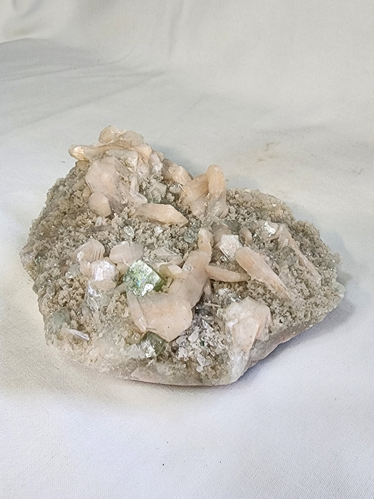 Peach Stilbite on Druzy Quartz Specimen
