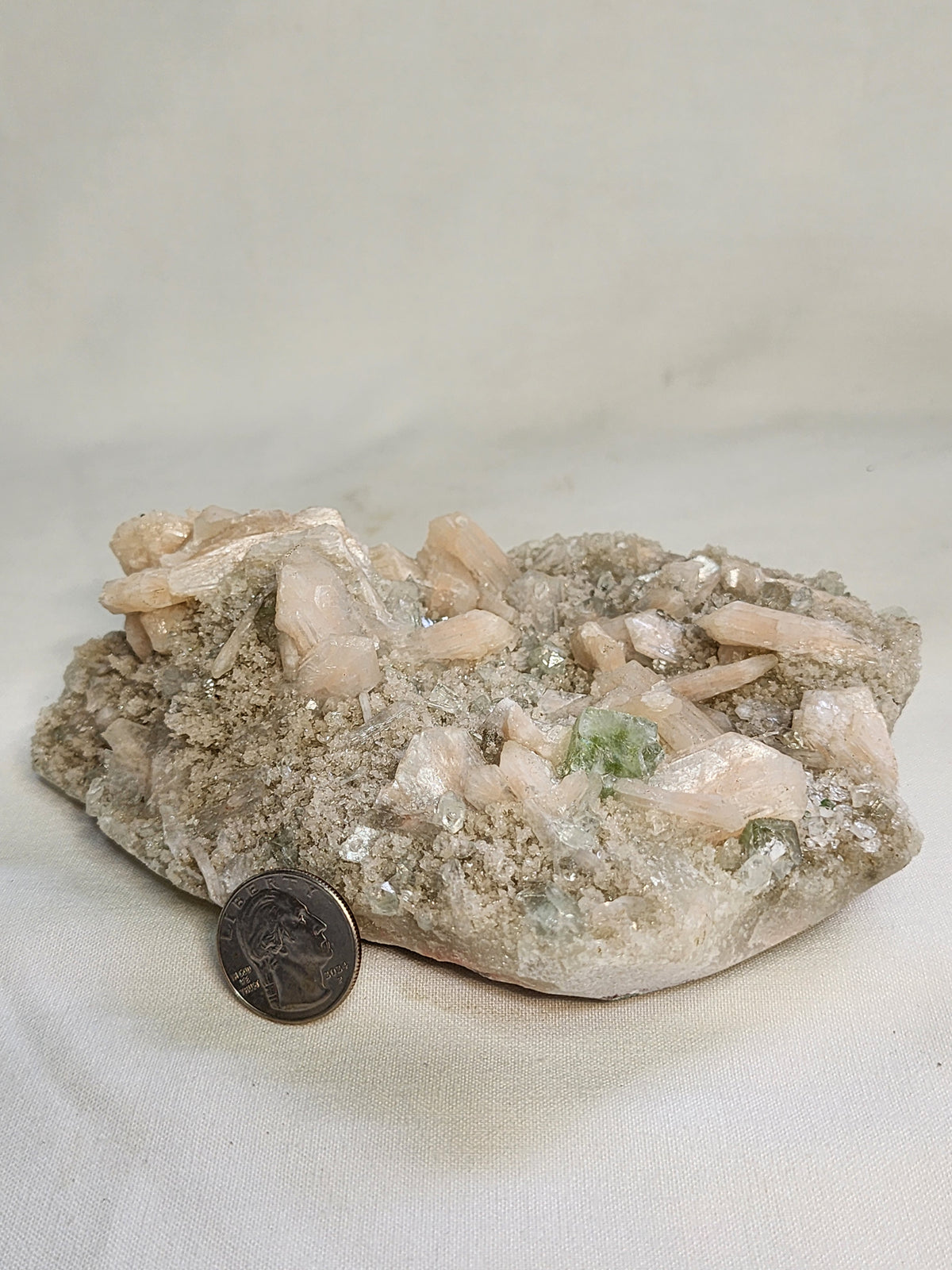 Peach Stilbite on Druzy Quartz Specimen